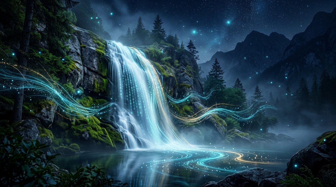 Artistic Natural Waterfall and Cascading Code Streams
